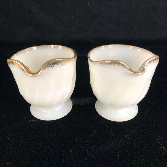Fire King 3 Creamer 1 Sugar Bowl 2 Berry Set White Gold Swirl Anchor Hocking - Picture 2 of 12